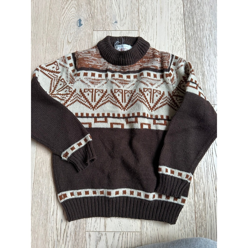 Vintage TAD'S Boys Fair Isle Knit Sweater Brown Geometric Mock Neck Size 7